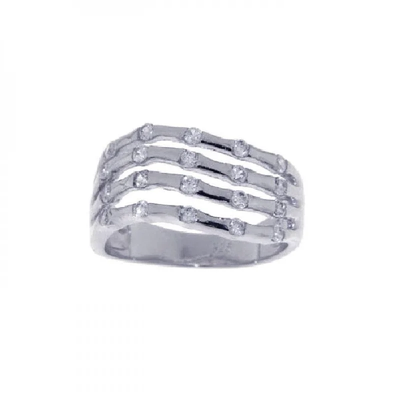 Unique Gemstone Engagement Rings-Silver 925 Rhodium Plated CZ 5 Row Skeletal Ring - STR00571