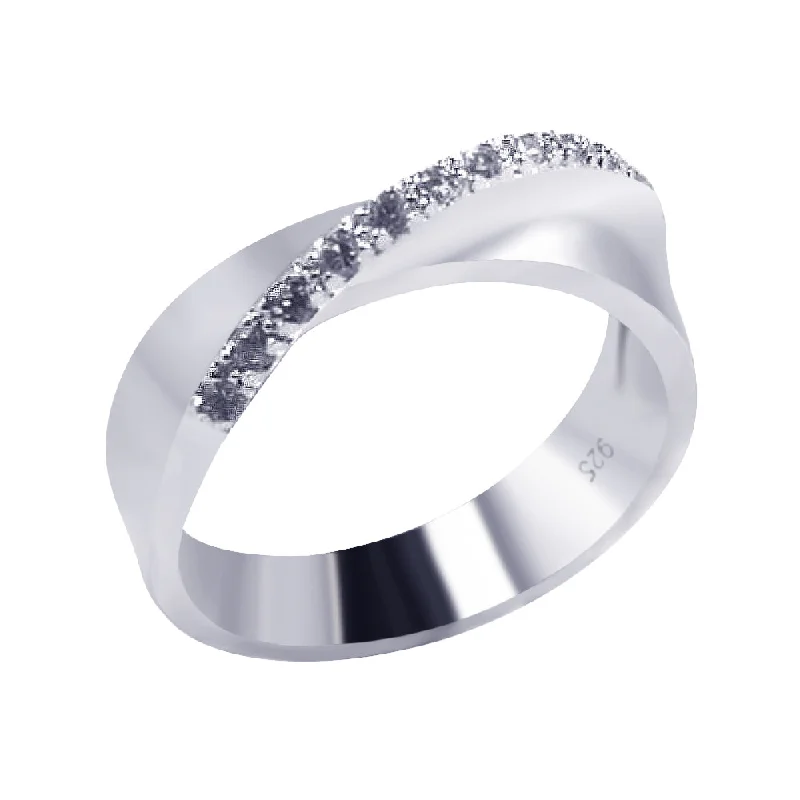 Custom Wedding Bands-Silver 925 Rhodium Plated CZ Crossed Ring - BGR00109