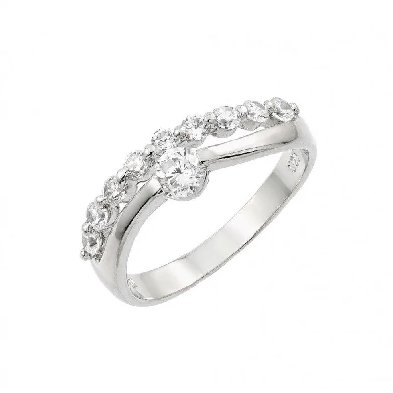 Modern Diamond Rings-Silver 925 Rhodium Plated Round Clear CZ 2 Row Ring - BGR00876