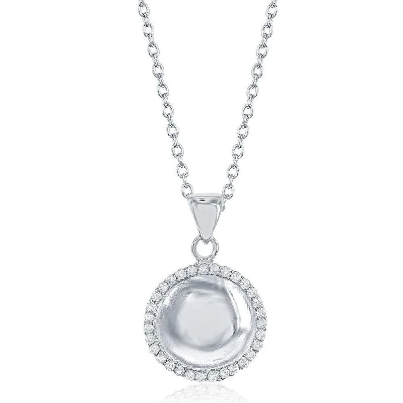 Sterling Silver CZ Border Round Disc Necklace