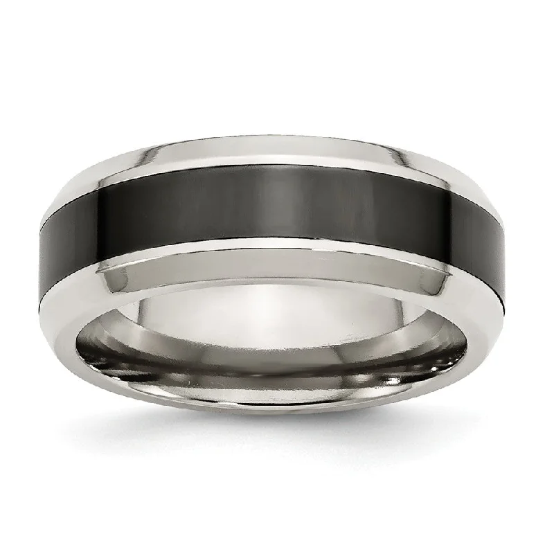 Custom Rings for Men-7.5mm Polished Stainless Steel and Black Ceramic Beveled Band