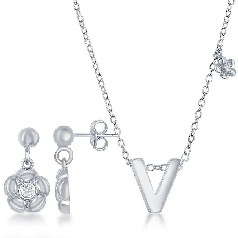 Sterling Silver Shiny "V" Necklace and Earrings Set