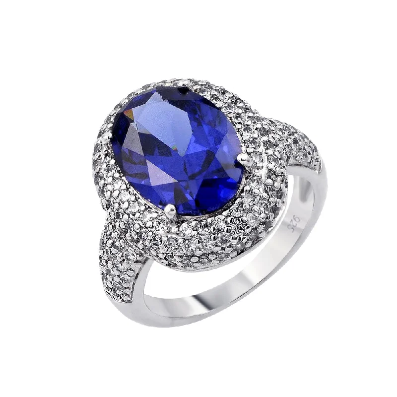 Simple Gemstone Rings-Silver 925 Rhodium Plated Blue Oval Center and Clear Micro Pave Set CZ Ring - BGR00778