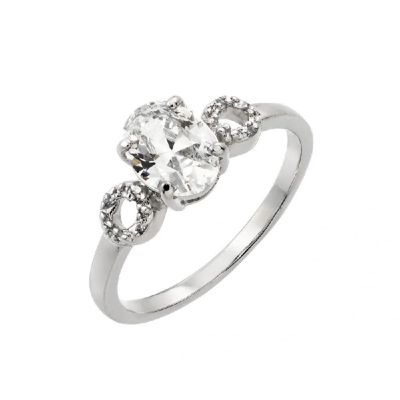 Solitaire Diamond Rings-Silver 925 Rhodium Plated Clear Oval Center CZ Open Circle Sides Ring - BGR00853