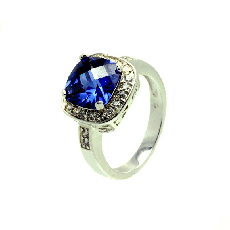 Luxury Wedding Ring Sets-Silver 925 Rhodium Plated Blue Center Square and Clear Cluster CZ Ring - BGR00625