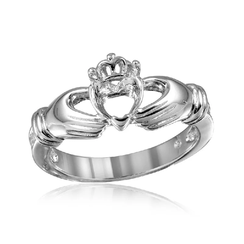 Men’s Statement Rings-Silver 925 Rhodium Plated Claddagh CZ Heart Mounting Ring - BGR00491