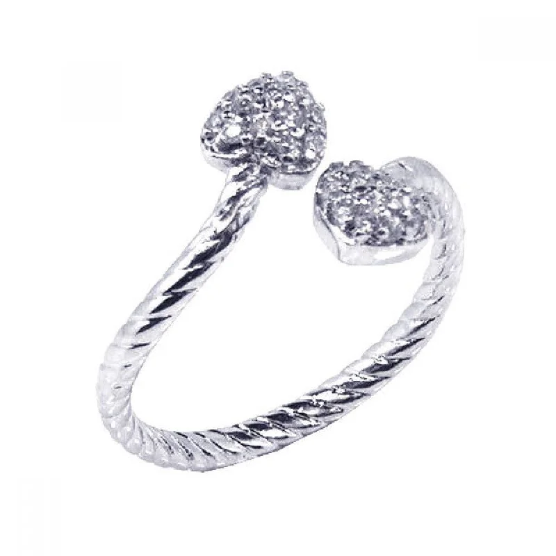 Custom Wedding Ring Sets-Silver 925 Rhodium Plated CZ Adjustable Double Heart Ring - STR00328