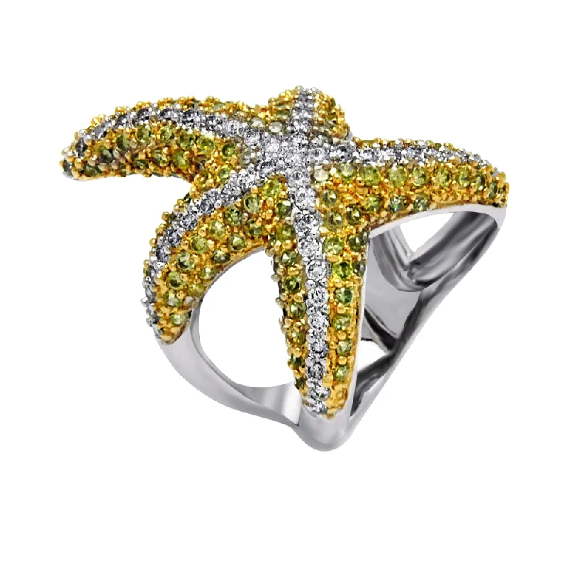 Beautiful Solitaire Rings-Silver 925 Rhodium and Gold Plated 2 Toned Pave Set Green and Clear CZ Starfish Ring - BGR00381