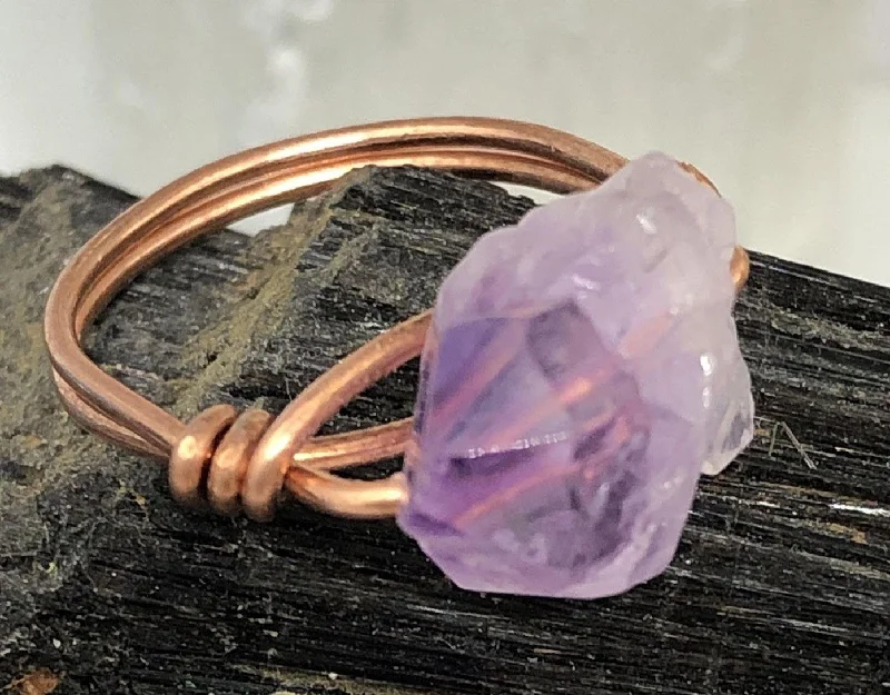 Trendy Engagement Ring Sets-Amethyst Nodule from Madagascar Copper Bead Ring