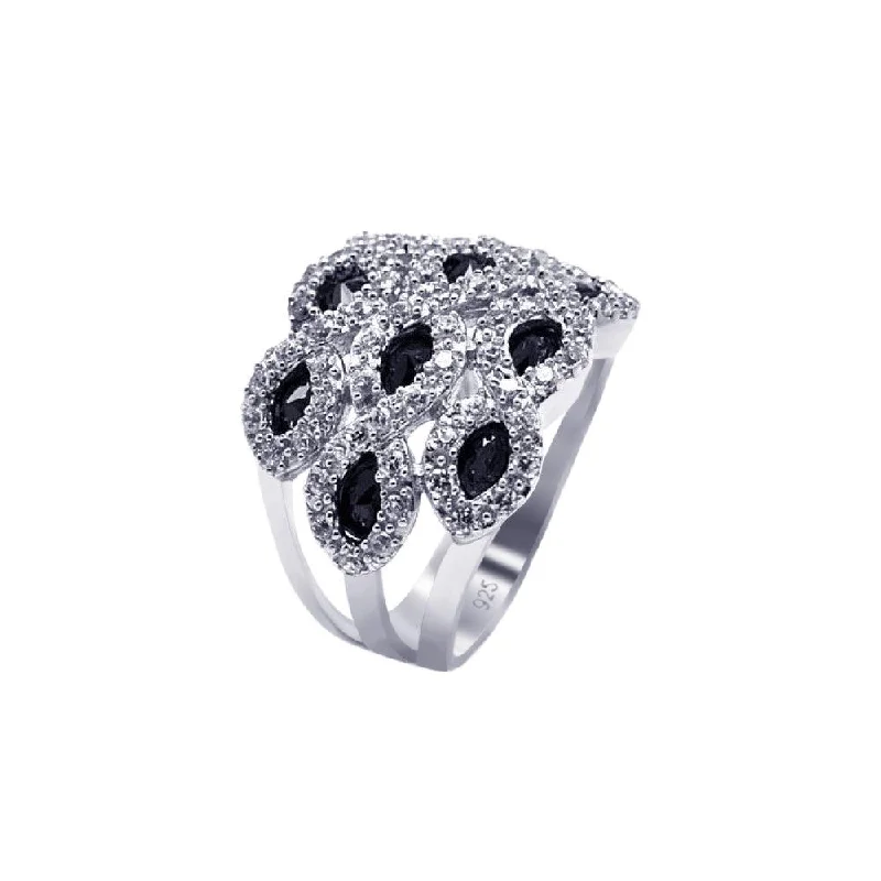 Adjustable Diamond Rings-Silver 925 Rhodium Plated Clear and Black Marquise CZ Cigar Band Ring - AAR0068