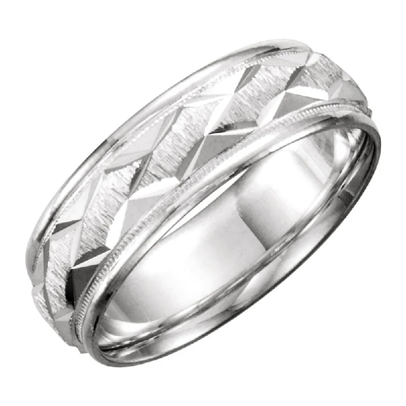 Fashionable Gold Rings-7mm 14K White Gold Carved Design Comfort Fit Band