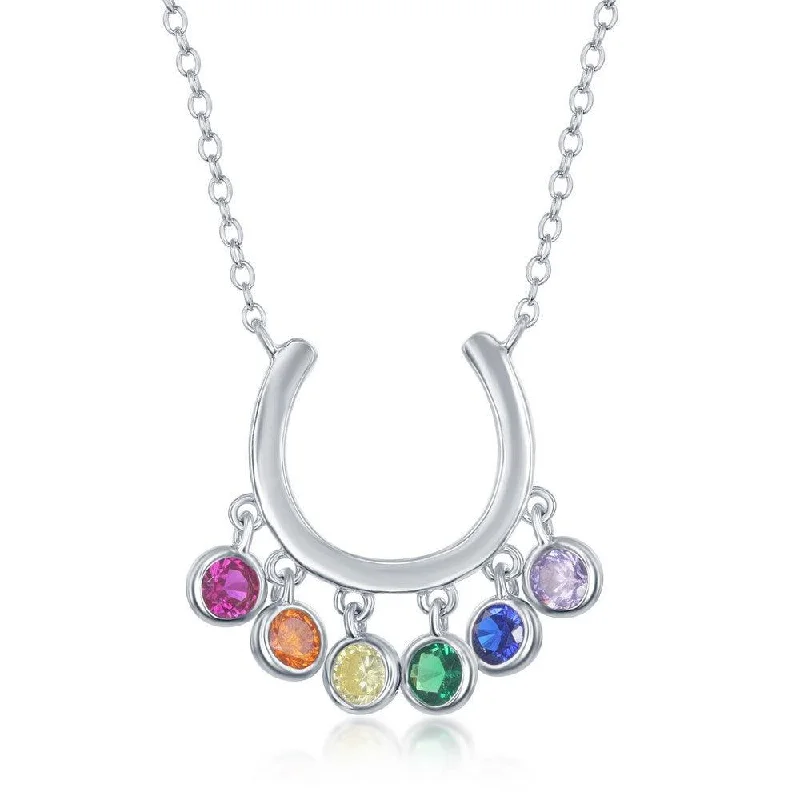 Sterling Silver Dangling Rainbow CZ Horseshoe Necklace