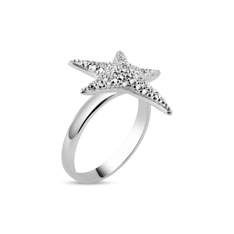 Unique Wedding Rings-Silver 925 Rhodium Plated CZ Starfish Ring - STR00604