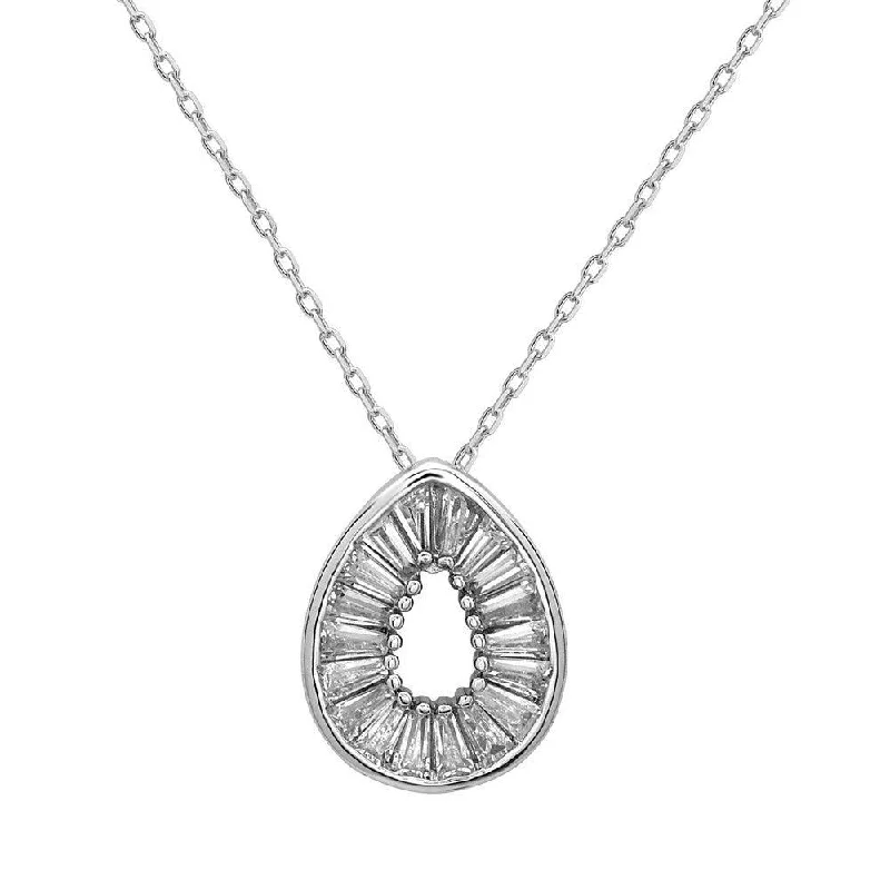 Sterling Silver Open Teardrop with Baguettes Necklace