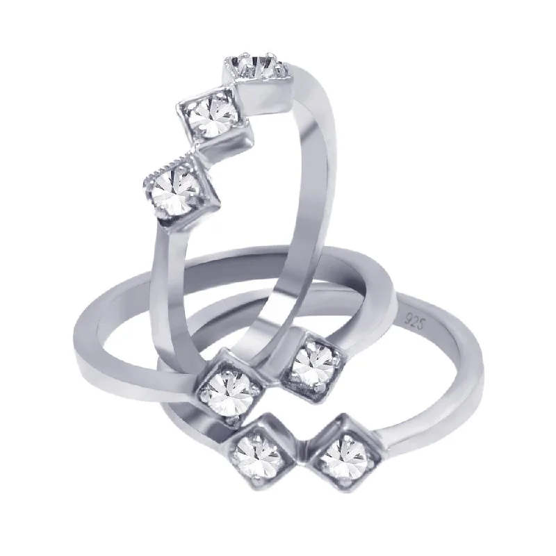 Personalized Diamond Rings-Silver 925 Rhodium Plated Diamond Shaped CZ Stackable Ring Set - AAR0054