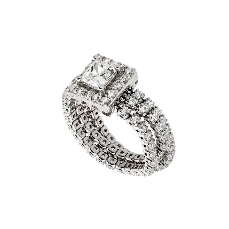 Wedding Ring Sets-Silver 925 Rhodium Plated Pave Set Clear CZ Flexible Square Ring - GMR00010