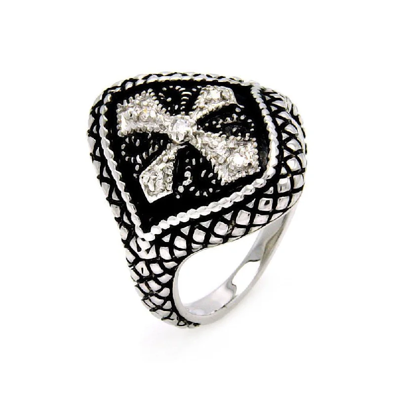 Simple Silver Rings-Silver 925 Rhodium and Black Rhodium Plated 2 Toned Clear CZ Cross Crest Cigar Band Ring - BGR00449