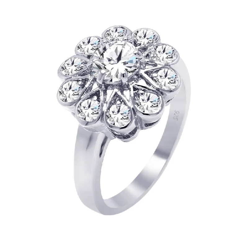 High-End Diamond Rings-Silver 925 Rhodium Plated Round Center CZ Flower Ring - BGR00265