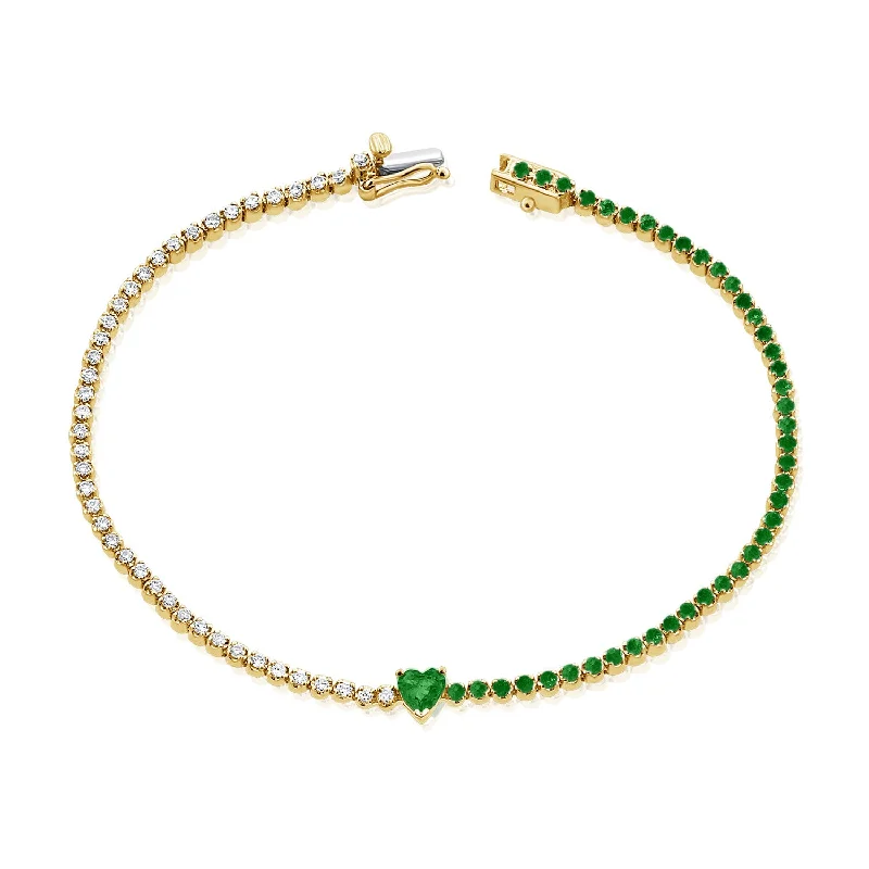 Customizable Name Bracelets-Radiant 14K Gold Emerald Heart and Diamond Tennis Bracelet