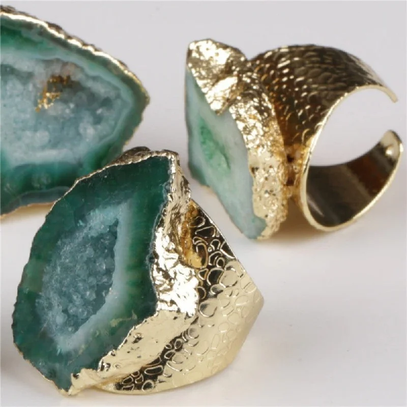 Minimalist Gold Rings-Green Agate Crystal Geode Ring