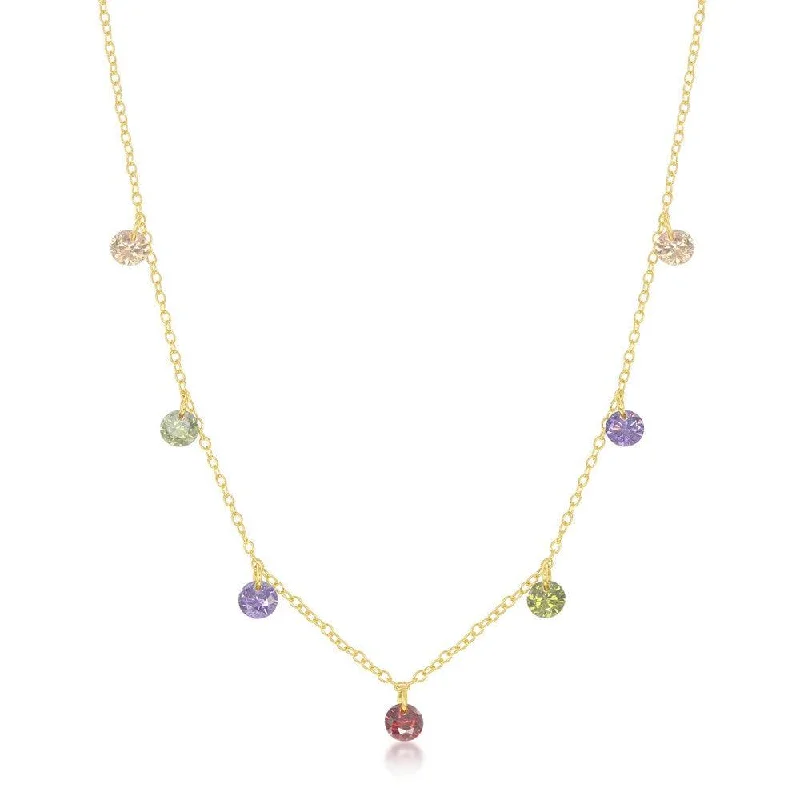 Sterling Silver Gold Plated Dangling Rainbow CZ Necklace