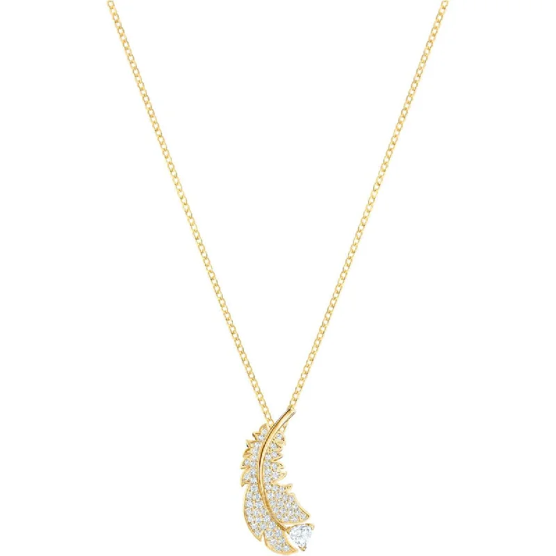 Swarovski Women's Necklace - Nice Yellow Gold Plated Clear Crystal Feather | 5505740