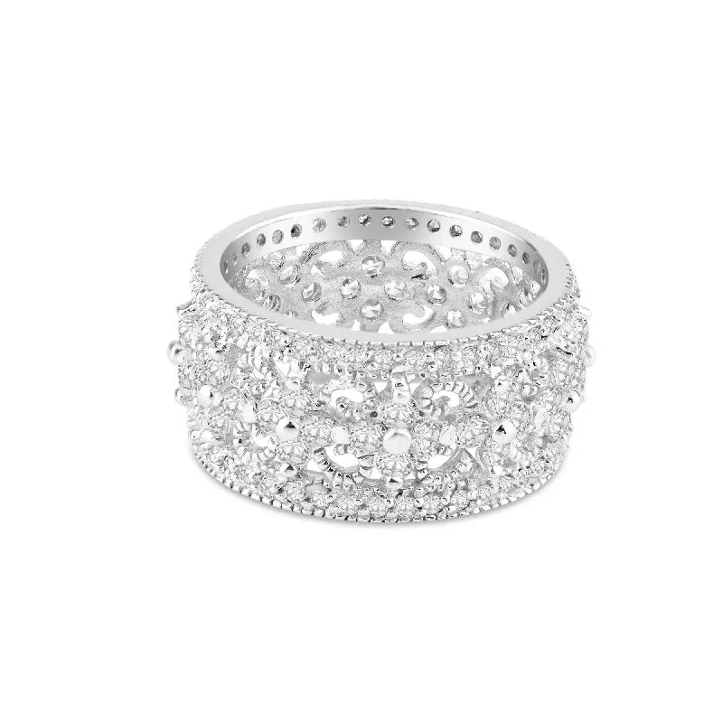 Elegant Wedding Bands-Silver 925 Rhodium Plated CZ Orante Flower Eternity Ring - STR00538