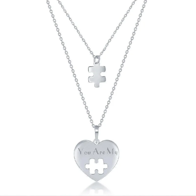 Sterling Silver 2PC; Puzzle Piece Necklace Set - 16+2 Inch You Are My Heart; 14+2 Puzzle Piece