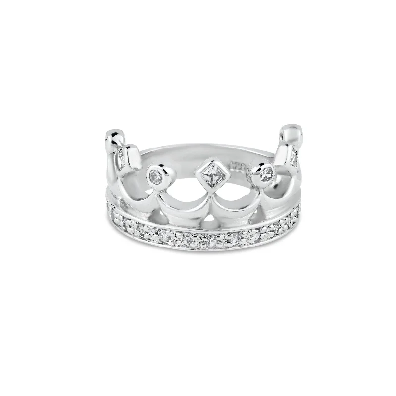 Wedding Ring Sets-Silver 925 Rhodium Plated Clear CZ Crown Ring - BGR00002