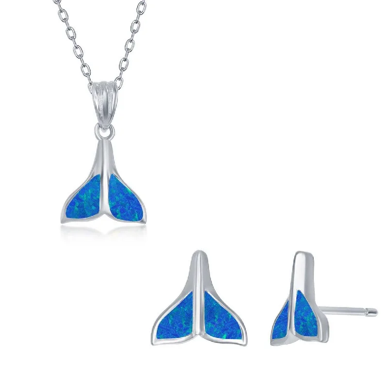 Women's Necklace and Earrings Set - Sterling Blue Opal Whale Tail | SET-573