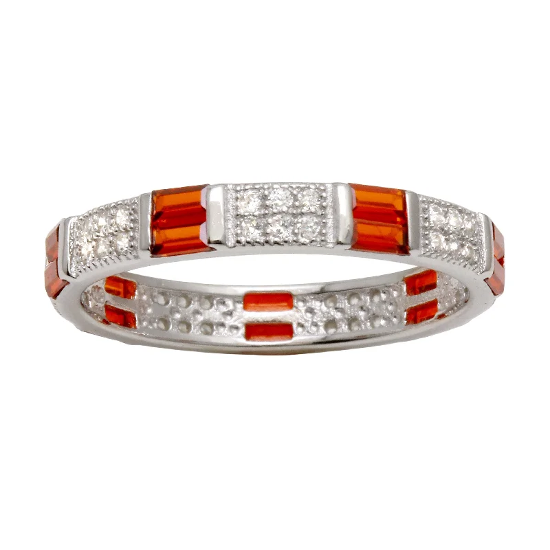 Unique Diamond Rings-Rhodium Plated 925 Sterling Silver Pattern Eternity Ring with Red and Clear CZ - BGR01177RED