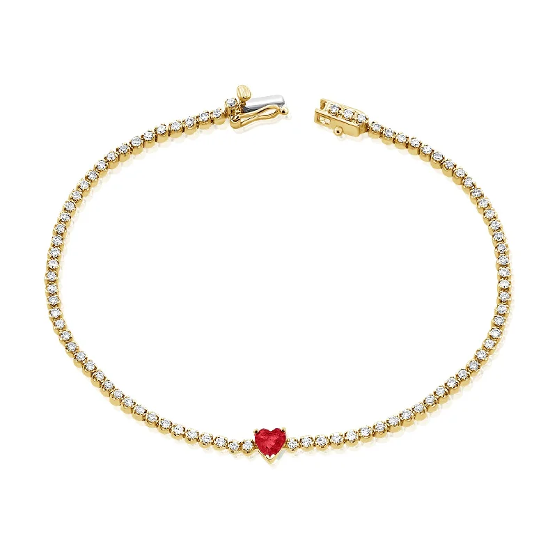 Adjustable Bracelets for Women-Enchanting 14K Gold Ruby Heart and Diamond Tennis Bracelet