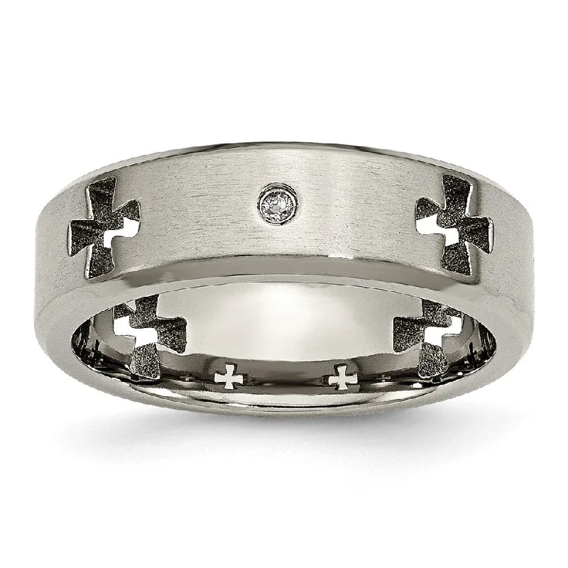 Simple Silver Rings-7mm Titanium 1/10ctw Diamond Cut Out Cross Beveled Edge Band