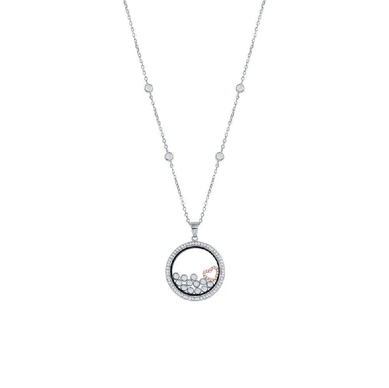 Sterling Silver RG Floating Heart & Round CZ's in a Disc Necklace