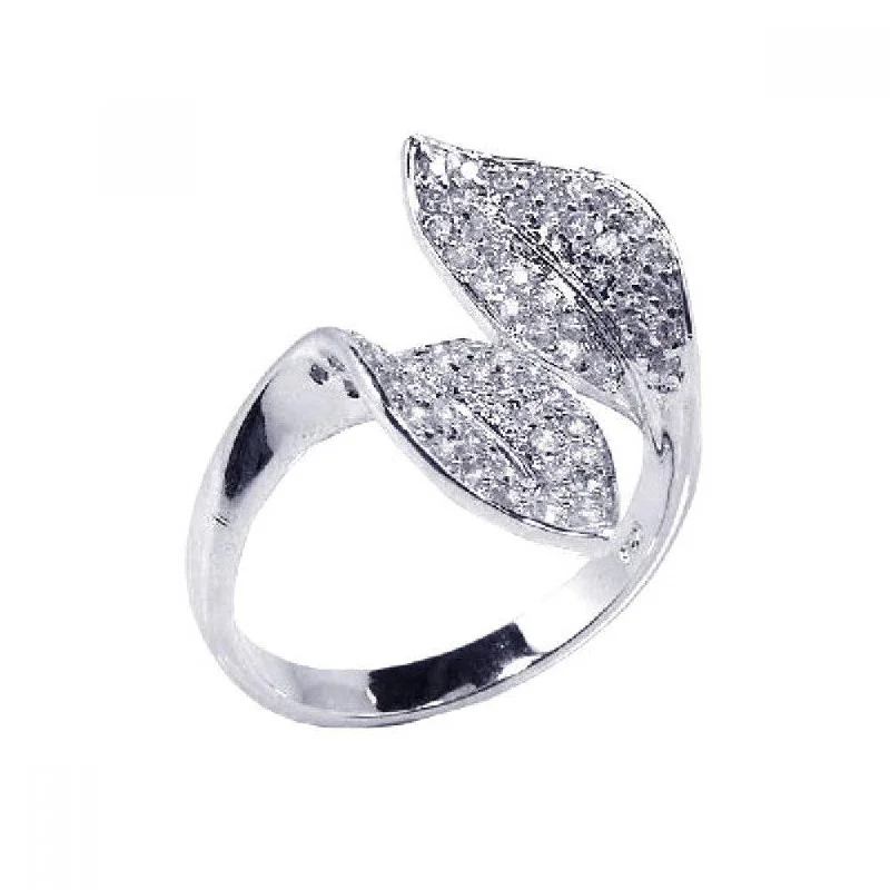 Unique Gold Engagement Rings-Silver 925 Rhodium Plated CZ Double Leaf Ring - STR00356