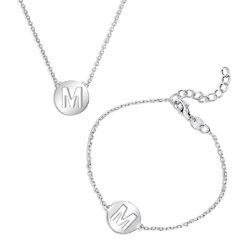 Sterling Silver Shiny 'M' Disc Initial Bracelet and Necklace Set