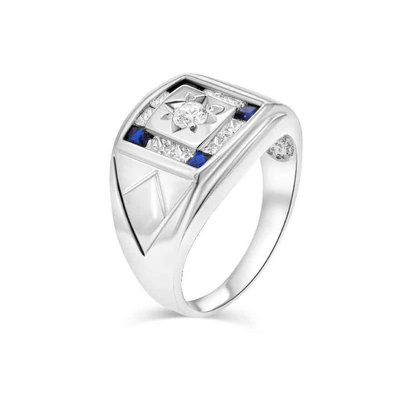 Large Gemstone Rings-Rhodium Plated 925 Sterling Silver Men's Square Sapphire and Clear CZ 12.4mm x 14.8mm Ring - GMR00412