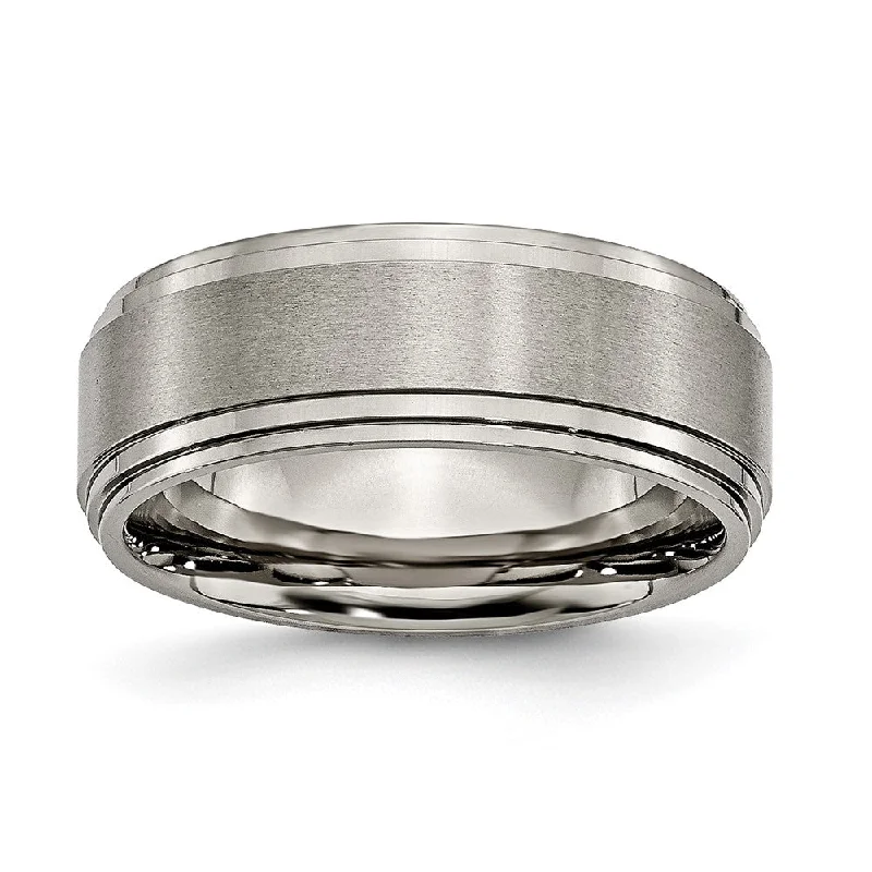 Trendy Engagement Rings-Men's 8mm Titanium Brushed Double Ridged Edge Comfort Fit Band