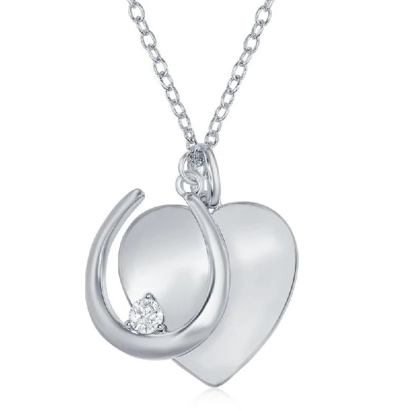 Sterling Silver Shiny Heart and Horseshoe with Single CZ Necklace