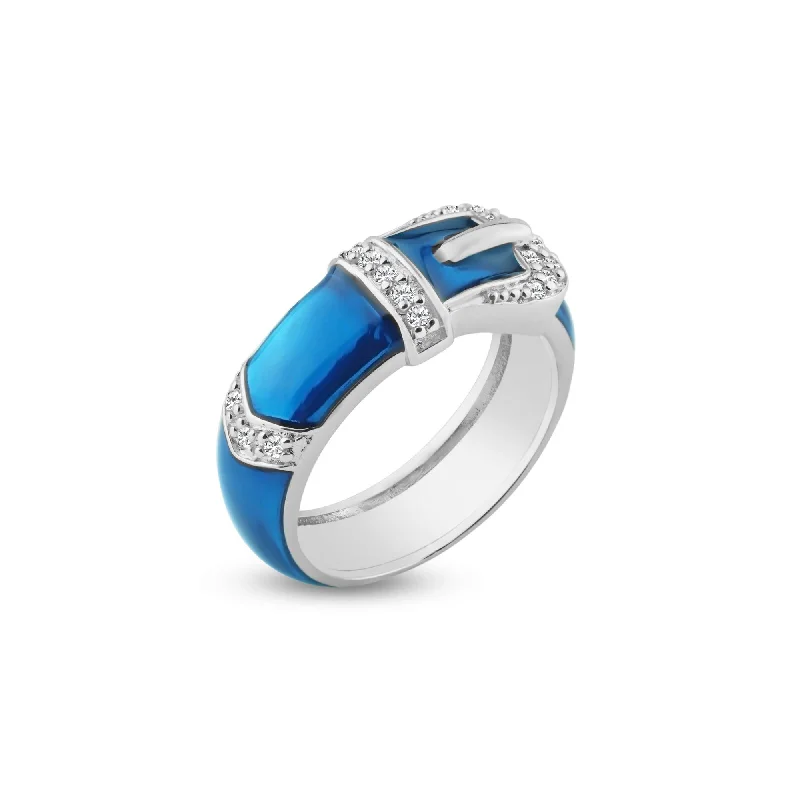 Fashion Rings for Men-Silver 925 Rhodium Plated Blue Enamel CZ Belt Buckle Ring - STR00614