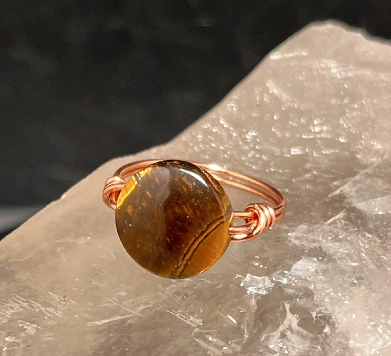 Simple Gemstone Rings-Tigers Eye Disc Copper Bead Ring