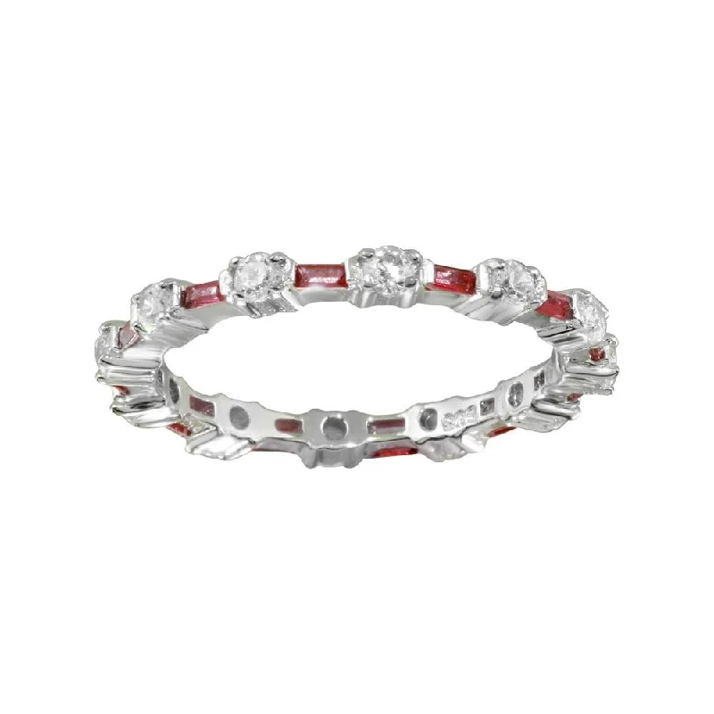 Silver Gemstone Rings-925 Sterling Silver Alternating Red Clear CZ Eternity Band - BGR01311RED