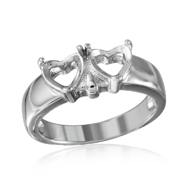 Wedding Ring Sets for Brides-Silver 925 Rhodium Plated Double Heart Mounting Ring - BGR00502