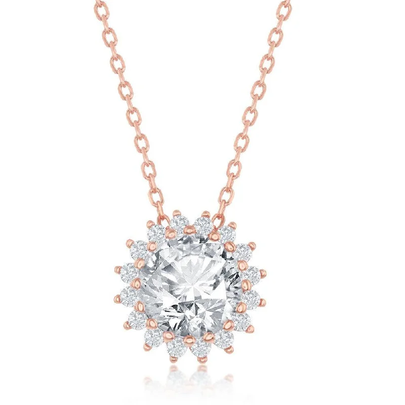 Sterling Silver Rose Gold Plated Round Halo Flower CZ Necklace