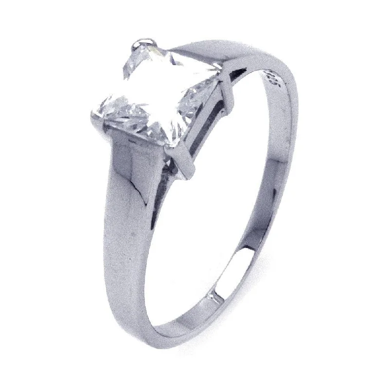 Colorful Engagement Rings-Silver 925 Rhodium Plated Princess Cut CZ Single Solitaire Ring - STR00836