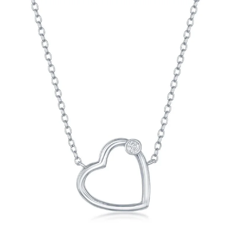 Sterling Silver Heart with Single Cubic Zirconia Necklace