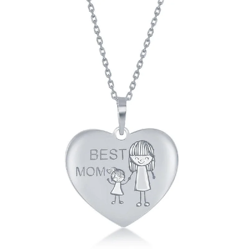 Sterling Silver Engraved Best Mom Mom and Daughter Heart Necklace