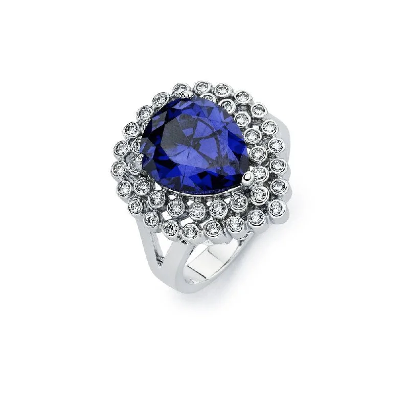 Designer Bridal Rings-Silver 925 Rhodium Plated Blue Pear Center and Clear Round Cluster CZ Ring - BGR00747