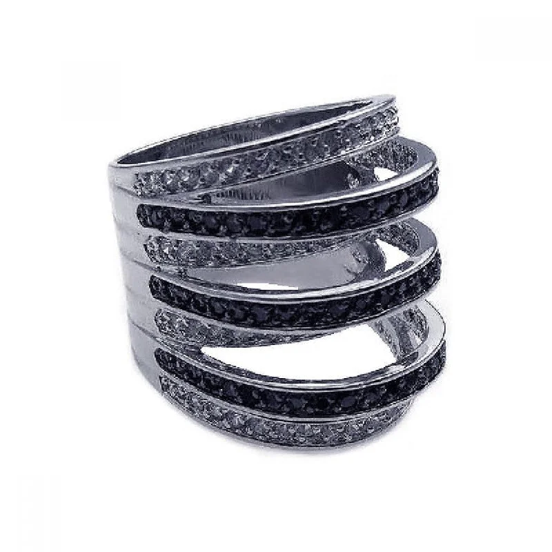 Vintage Gold Rings-Clearance-Silver 925 Rhodium and Black Rhodium Plated Black and Clear CZ Stripe Ring - BGR00171