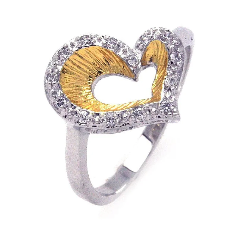 Beautiful Wedding Ring Sets-Silver 925 Rhodium and Gold Plated 2 Toned Clear CZ Open Heart Ring - BGR00234